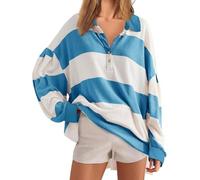 Women’s Oversized Striped Polo Sweatshirt - Y2K Color Block Loose Fit Long Sleeve V Neck Lapel Collared Pullover Tops Casual Fall Henley Rugby Shirt Preppy Style T-Shirt Outfits (Large,01#blue)