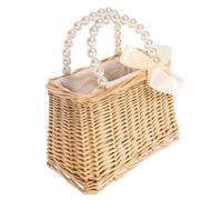 Women’s Pearl Top Handle Beach Straw Handbag with Bow Detail | Woven Wicker Look, Drawstring Closure, Roomy inside Phones and Power Bank, Khaki Beige