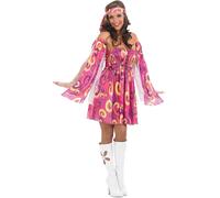 Women`s Pink Hippie Costume 60s 70s Ladies Gogo Girl Hippy Fancy Dress S - XXL