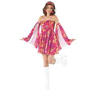 Women`s Pink Hippie Costume 60s 70s Ladies Hippy Girl Retro Fancy Dress S - XXL