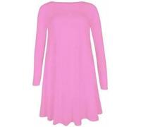 Women’s Plain & Animal Printed Flared Swing Dress Round Neck Long Sleeve Casual Midi Tunic Top Sizes 8-26 Plus Size Womens Fashion Everyday Wear UK Fit Baby Pink