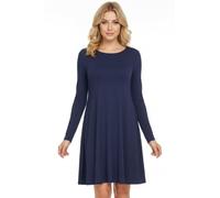 STAR FASHION Women Long Sleeves Round Neck Stretch Swing Skater Flared Dress Ladies Midi Length Top Plain & Printed Casual Summer Wear Dresses UK 8-93 Navy