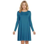 STAR FASHION Women Long Sleeves Round Neck Stretch Swing Skater Flared Dress Ladies Midi Length Top Plain & Printed Casual Summer Wear Dresses UK 8-57 Teal