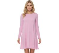 Women’s Plain Swing Skater Dress Long Sleeve Round Neck Stretch Midi Flared Dress Casual Summer Dress BabyPink-8-10