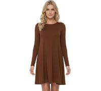 Women’s Plain Swing Skater Dress Long Sleeve Round Neck Stretch Midi Flared Dress Casual Summer Dress Brown-16-18