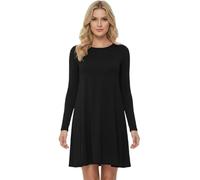 Women’s Plain Swing Skater Dress Long Sleeve Round Neck Stretch Midi Flared Dress Casual Summer Dress Black-20-22