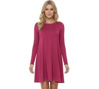 STAR FASHION Women Long Sleeves Round Neck Stretch Swing Skater Flared Dress Ladies Midi Length Top Plain & Printed Casual Summer Wear Dresses UK 8-103 Cerise Pink