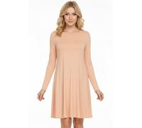 STAR FASHION Women Long Sleeves Round Neck Stretch Swing Skater Flared Dress Ladies Midi Length Top Plain & Printed Casual Summer Wear Dresses UK 8-132 Peach