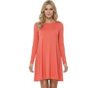 STAR FASHION Women Long Sleeves Round Neck Stretch Swing Skater Flared Dress Ladies Midi Length Top Plain & Printed Casual Summer Wear Dresses UK 8-82 Coral