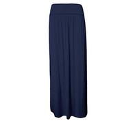 Women’s Pleated Fold-Over Maxi Skirt Ladies Long High Waist Stretch Gypsy Style Jersey Skirt Elasticated Summer Casual Party Wear Soft Viscose Blend Navy-12-14