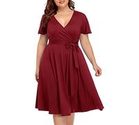 Women‘s Plus Size Faux Wrap V Neck Short Sleeve Midi Wedding Guest Party Casual Dresses, Burgundy, 18 Plus