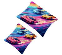 Women’s Pocket Cosmetic Bags, Waterproof Leather Makeup Bag No Zipper Self-Closing Makeup Pouch for Girls, Mini Bag for Purse - Race Cars with Vibrant Colors on The Racing Track