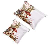 Women’s Pocket Cosmetic Bags, Waterproof Leather Makeup Bag No Zipper Self-Closing Makeup Pouch for Girls, Mini Bag for Purse - Mushrooms Fern and Berries