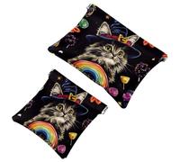 Women’s Pocket Cosmetic Bags, Waterproof Leather Makeup Bag No Zipper Self-Closing Makeup Pouch for Girls, Mini Bag for Purse - Kitten in Witch Hat Rainbow and Candies