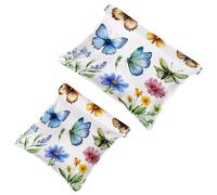 Women’s Pocket Cosmetic Bags, Waterproof Leather Makeup Bag No Zipper Self-Closing Makeup Pouch for Girls, Mini Bag for Purse - Collection of Butterflies Colorful and Wildflower