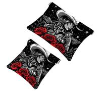 Women’s Pocket Cosmetic Bags, Waterproof Leather Makeup Bag No Zipper Self-Closing Makeup Pouch for Girls, Mini Bag for Purse - Western Desert Cowgirl Boots with Rose