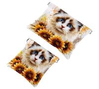 Women’s Pocket Cosmetic Bags, Waterproof Leather Makeup Bag No Zipper Self-Closing Makeup Pouch for Girls, Mini Bag for Purse - Watercolor Cat with Sunflowers Flowers