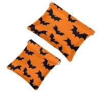 Women’s Pocket Cosmetic Bags, Waterproof Leather Makeup Bag No Zipper Self-Closing Makeup Pouch for Girls, Mini Bag for Purse - Halloween Bats Silhouette on a Orange Background