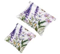 Women’s Pocket Cosmetic Bags, Waterproof Leather Makeup Bag No Zipper Self-Closing Makeup Pouch for Girls, Mini Bag for Purse - Purple Bluebell Flowers Sage Chamomile with Butterflies