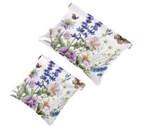 Women’s Pocket Cosmetic Bags, Waterproof Leather Makeup Bag No Zipper Self-Closing Makeup Pouch for Girls, Mini Bag for Purse - Wildflowers Purple Bluebell Sage Chamomile and Butterflies