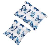 Women’s Pocket Cosmetic Bags, Waterproof Leather Makeup Bag No Zipper Self-Closing Makeup Pouch for Girls, Mini Bag for Purse - Watercolor Blue Butterflies Collection