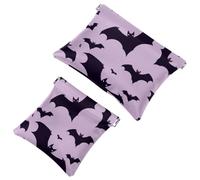 Women’s Pocket Cosmetic Bags, Waterproof Leather Makeup Bag No Zipper Self-Closing Makeup Pouch for Girls, Mini Bag for Purse - Halloween Flying Black Bat Silhouette Violet Background