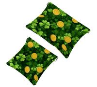 Women’s Pocket Cosmetic Bags, Waterproof Leather Makeup Bag No Zipper Self-Closing Makeup Pouch for Girls, Mini Bag for Purse - Green Clover Twigs and Gold Coins