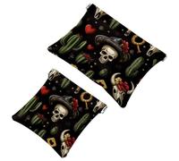 Women’s Pocket Cosmetic Bags, Waterproof Leather Makeup Bag No Zipper Self-Closing Makeup Pouch for Girls, Mini Bag for Purse - Skull in Mexican Hat and Wild West Cactus Horseshoe Heart