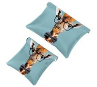 Women’s Pocket Cosmetic Bags, Waterproof Leather Makeup Bag No Zipper Self-Closing Makeup Pouch for Girls, Mini Bag for Purse - Giraffe Hipster Animal Neck Bowtie and Nerd Glasses