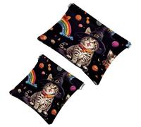 Women’s Pocket Cosmetic Bags, Waterproof Leather Makeup Bag No Zipper Self-Closing Makeup Pouch for Girls, Mini Bag for Purse - Cute Kitten in Witch Hat Rainbow and Candies