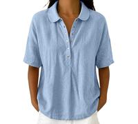 Women’s Polo Collar Half Placket Short Sleeve Linen Blend Top Loose Drop Shoulder Casual Blouse Lightweight Shirt for Summer Beach Travel (Light Blue, XL)