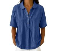 Women’s Polo Collar Half Placket Short Sleeve Linen Blend Top Loose Drop Shoulder Casual Blouse Lightweight Shirt for Summer Beach Travel (Navy, XXXL)