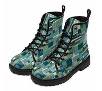 Women’s Printed Ankle Boots with Lattice Vegan Patterns Squares Stripes Circles Leather Lace-up Combat Booties Floral Shoes Stylish Casual Everyday Travel Party Christmas Halloween (Customized)