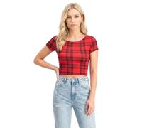 Women’s Printed Cap Sleeve Crop Top Ladies Round Neck Cropped T-Shirt Short Mini Tee Stretch Casual Summer Top Red Tartan-8-10