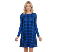 STAR FASHION Women Long Sleeves Round Neck Stretch Swing Skater Flared Dress Ladies Midi Length Top Plain & Printed Casual Summer Wear Dresses UK 8-26 Blue Tartan