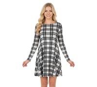 STAR FASHION Women Long Sleeves Round Neck Stretch Swing Skater Flared Dress Ladies Midi Length Top Plain & Printed Casual Summer Wear Dresses UK 8-26