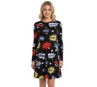 Women’s Printed Swing Skater Dress Long Sleeve Round Neck Stretch Midi Flared Dress Casual Summer Dress Boom Print-20-22