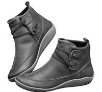 Women’s Retro Leather Ankle Boots - Soft Slip-On Flat Boots with Adjustable Hook and Loop Fastening Straps, Flexible Non-slip Sole and Cushioned Insole, Casual Walking Shoes