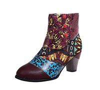 Women’s Retro Patchwork Ankle Boots, Colourful Vintage Block Heel Booties with Side Zipper, Artistic Embossed Pattern and Contrast Stitching, Perfect for Gallery Visits or Boutique Streets