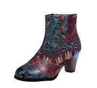 Women’s Retro Patchwork Ankle Boots, Colourful Vintage Block Heel Booties with Side Zipper, Artistic Embossed Pattern and Contrast Stitching, Perfect for Gallery Visits or Boutique Streets