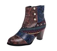 Women’s Retro Patchwork Ankle Boots, Colourful Vintage Block Heel Booties with Side Zipper, Artistic Embossed Pattern and Contrast Stitching, Perfect for Gallery Visits or Boutique Streets