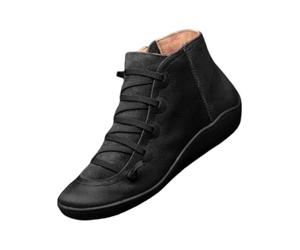 Women’s Retro Soft Leather Ankle Boots - Lightweight Flat Lace-Up Walking Shoes with Flexible Non-slip Sole, Cushioned Insole and Wave Edge Detail, Casual Comfortable Footwear