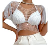 Women’s Rhinestones Crop Tank Top Crystal Sleeveless Fringe Shawl Wrap See-through Bikini Cover Up Mesh Body Chain, White, Medium