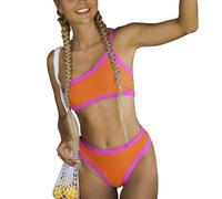 Women’s Ribbed Bikini Sets One Shoulder Top Two Piece Swimsuits Mid Rise Color Block Bathing Suit, Orange Hot Pink, S