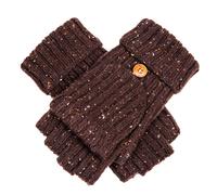 Women’s Ribbed Knit Fingerless Gloves with Marl Yarn and Mitten Flap - CHOCOLATE / ONE