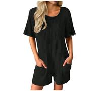 Women’s Ribbed Knit Romper, Short Sleeve Loose Fit Playsuit with Pockets, Back Criss Cross Tie Detail Solid Colour One Piece Jumpsuit, Soft Stretch Casual Outfit for Daily Wear