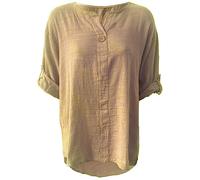 Women’s Round Neck One Button Midi Shirt Summer Fashion Lagenlook Hi lo T Shirt Baggy Top Ladies Plain 3/4 Turn Up Sleeve Italian Button Blouse Dip Hem Top (Camel, UK 12)