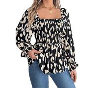 Women’s Ruffle Shirred A-line Blouse Women's Casual Long Square Neck Blouse Stamp Leopard Shirred Print Chiffon Shirt (Black,L)