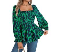 Women’s Ruffle Shirred A-line Blouse Women's Casual Long Square Neck Blouse Stamp Leopard Shirred Print Chiffon Shirt (Green,S)
