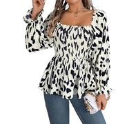 Women’s Ruffle Shirred A-line Blouse Women's Casual Long Square Neck Blouse Stamp Leopard Shirred Print Chiffon Shirt (White,XL)